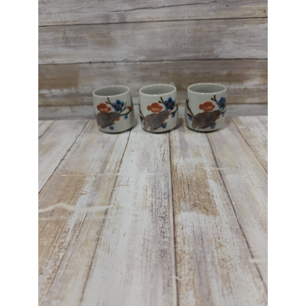 Vintage Style Crackle Glaze Ceramic Sake Cups Bird Floral Set of 3 Gray Blue